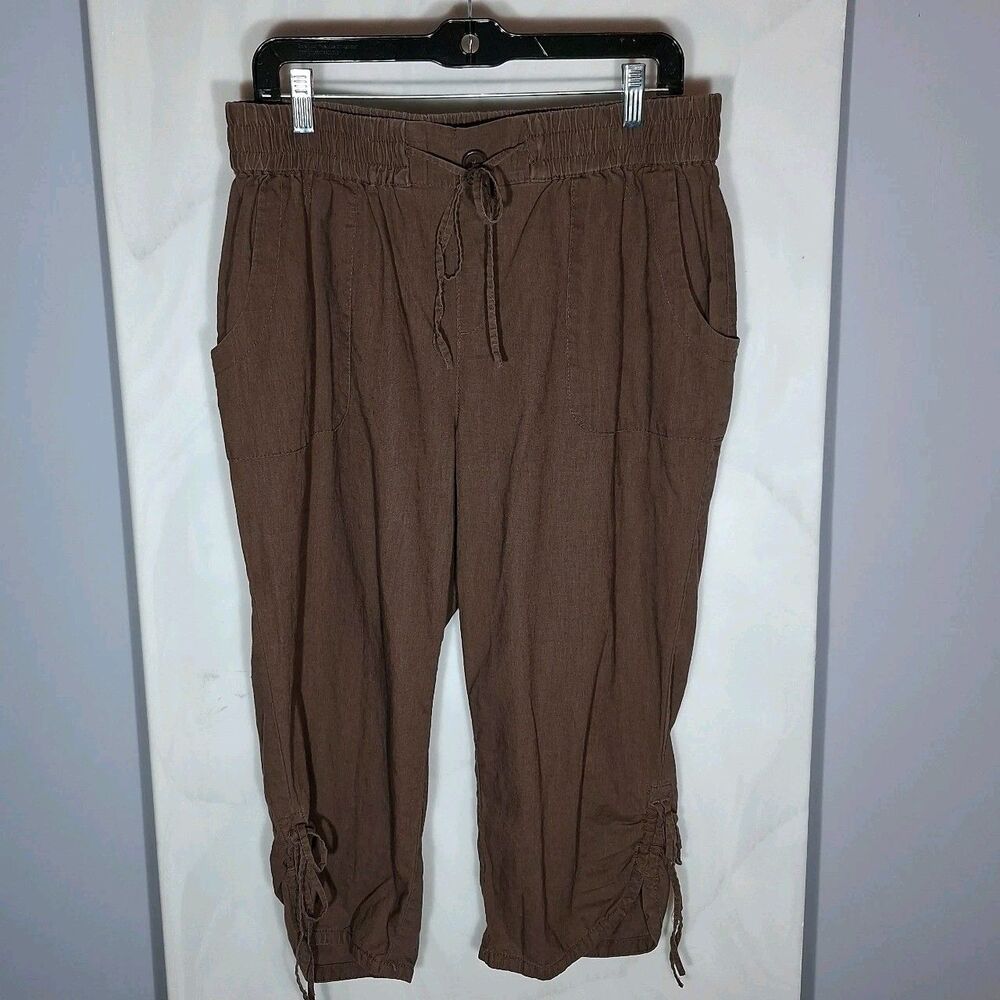 Women's Brown Linen Cotton Capri Pants Plus 14/16 Pull On Ruched Hem Pockets